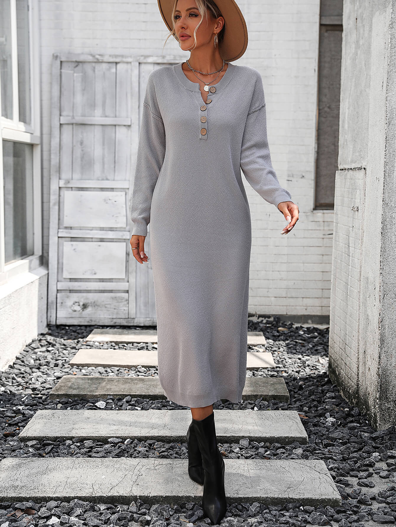Massey Knit Midi Sweater Dress - Grey SMAIBULUN Massey Knit Midi Sweater Dress - Grey SMAIBULUN
