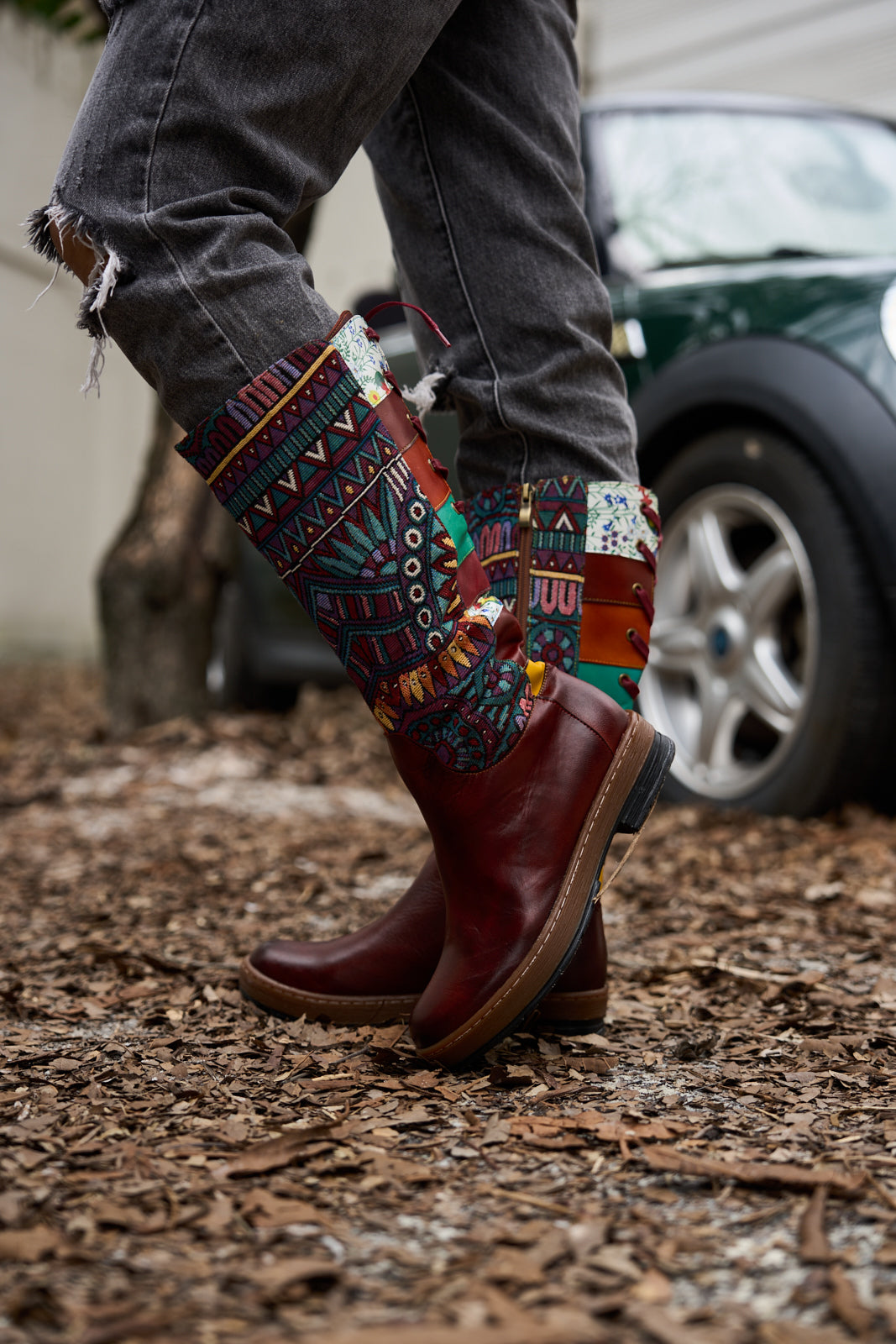 Soffia | Folks Ethnic Embroidery Leather Knee-High Boots