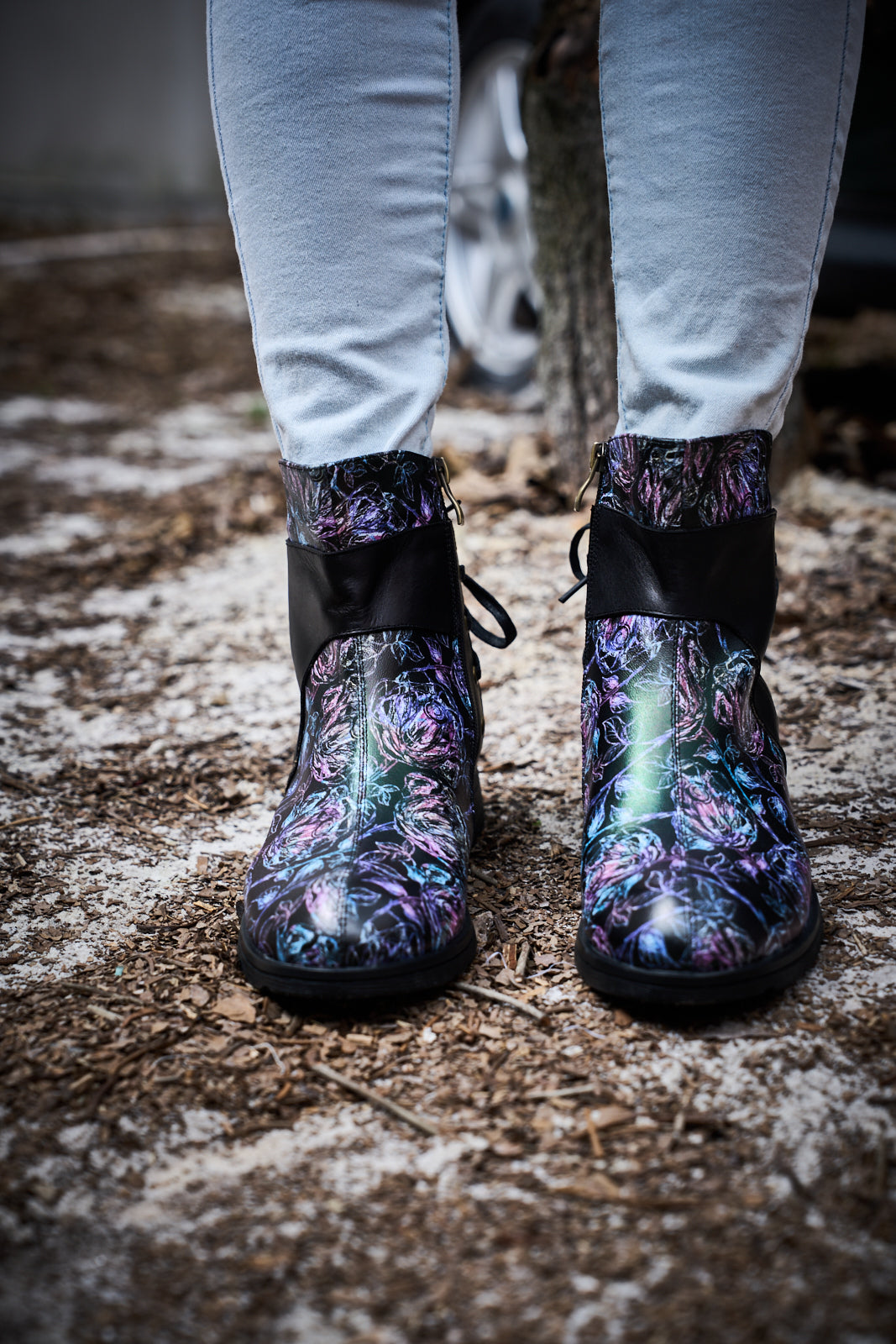 Soffia | Autumn Fields Floral Leather Ankle Booties - Black