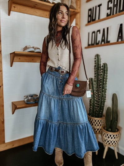 Cactus Rose Love Pleated Denim Maxi Skirt