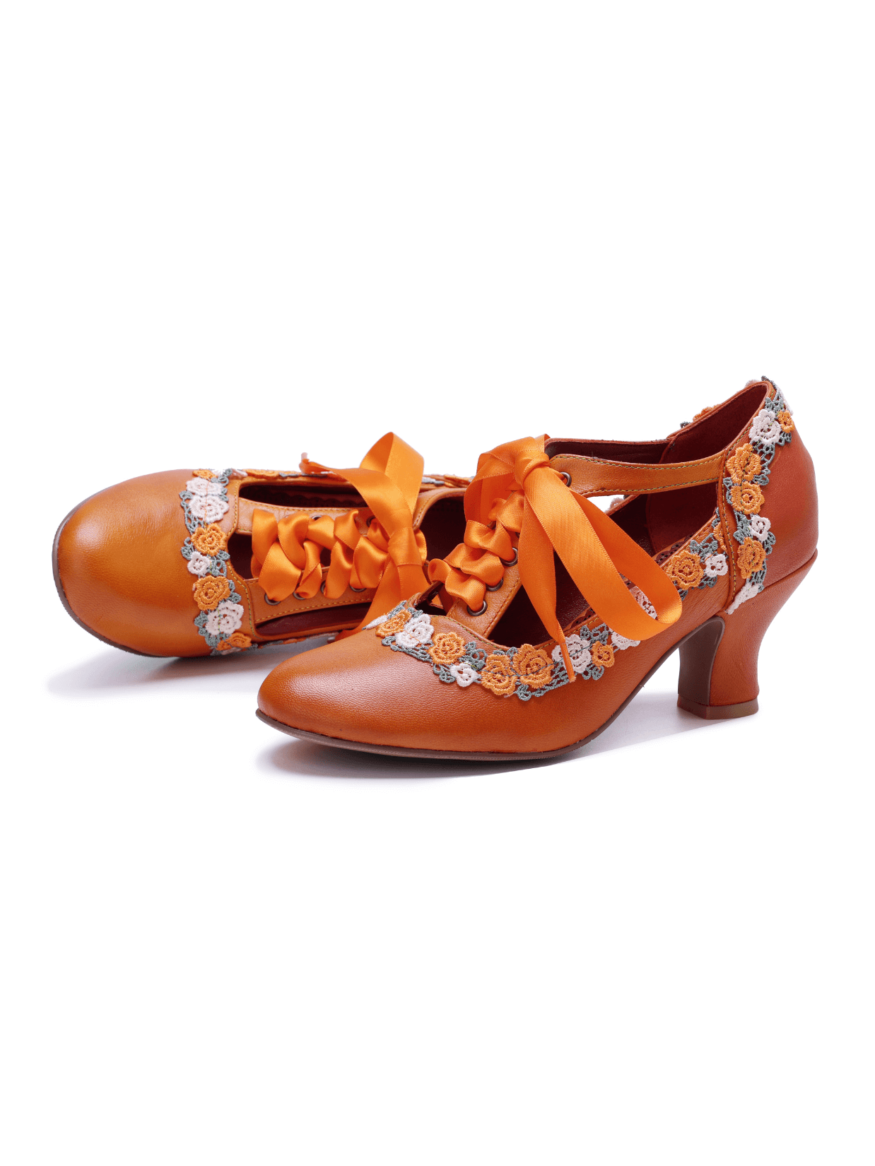 Soffia | Florenza Floral Lace Trim Leather Oxford - orange