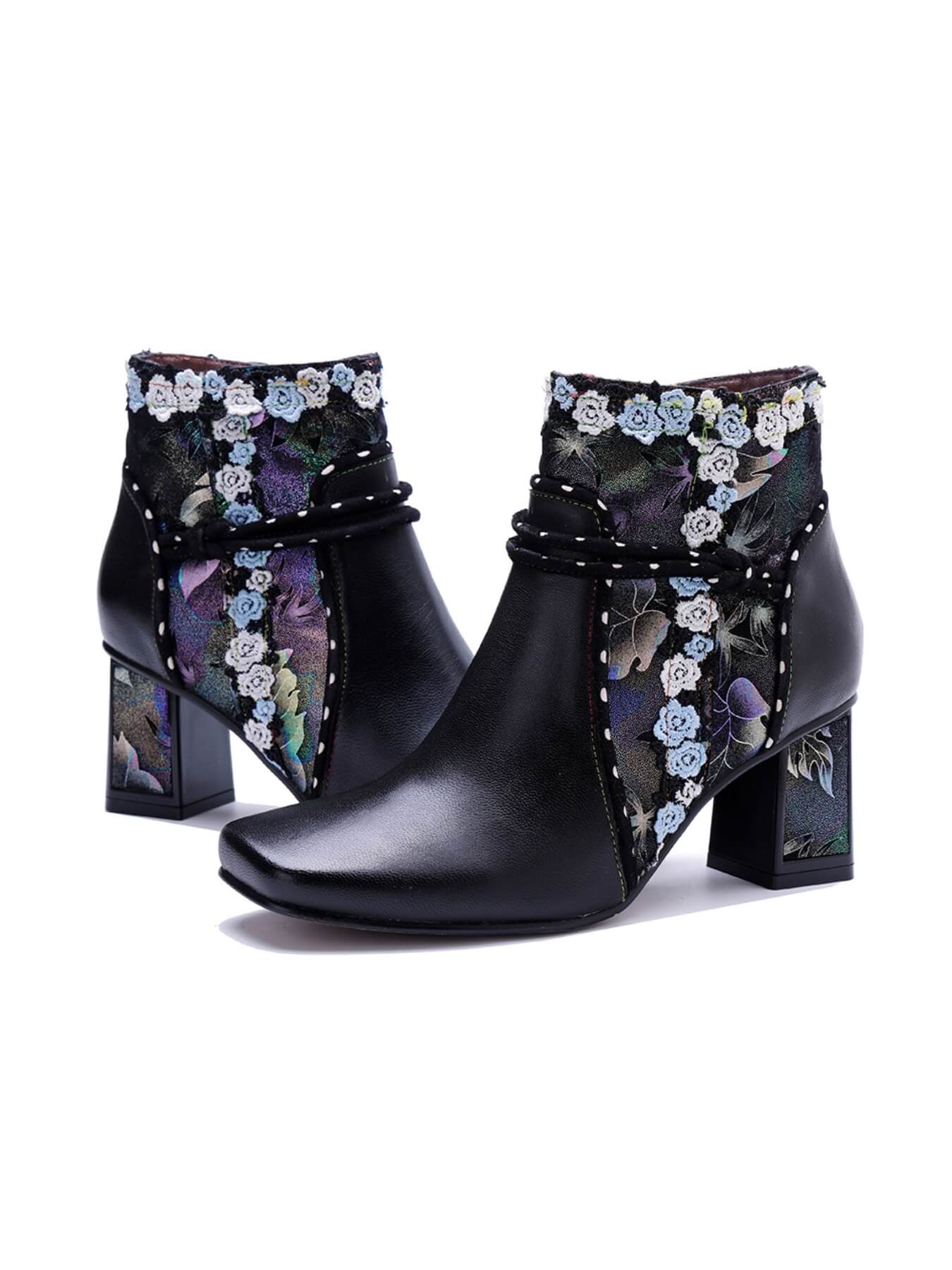 Soffia | Lost In Night Floral Leather Ankle Boots