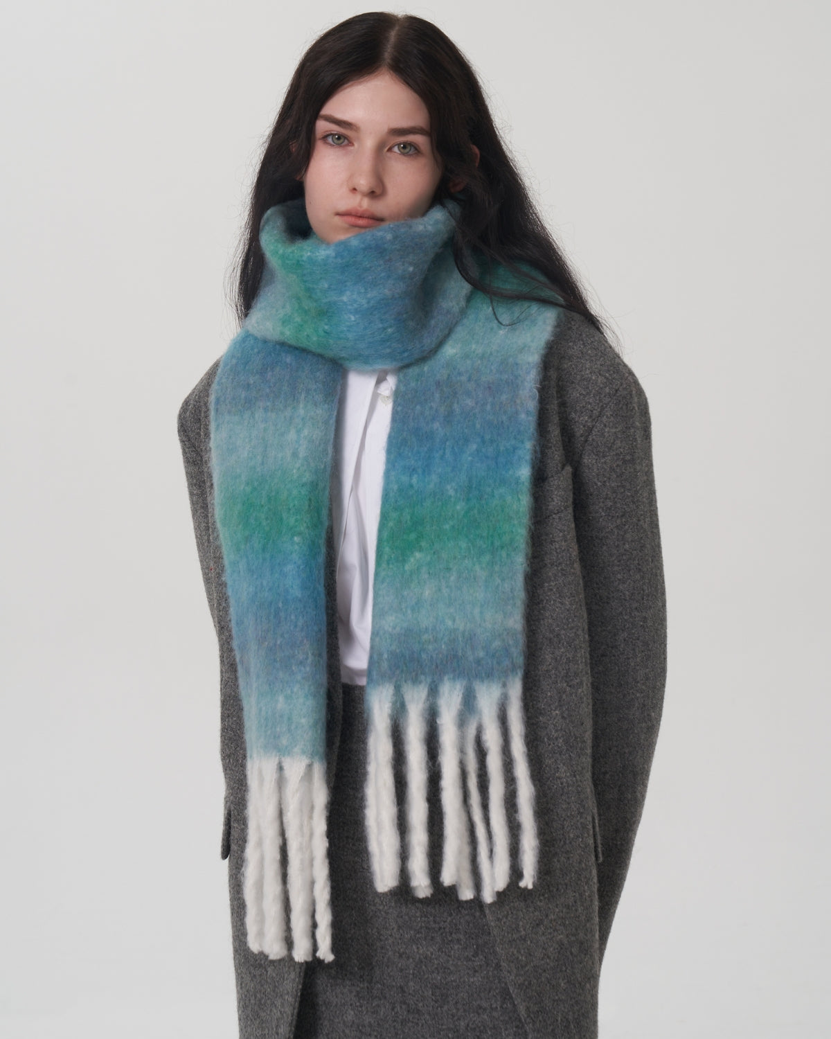 Mohair Gradient Wool Blend Tassel Blanket Scarf - Teal