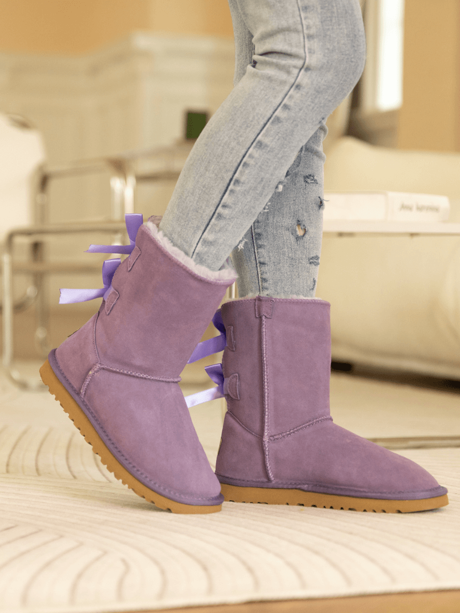 Smaibulun Ugg | Double Ballet Ribbon Bow Suede Shearling Boots - Laven ...