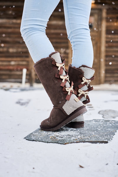 SMAIBULUN Ugg | Rhinestone Ribbon Tri-Tie Bow Suede Boots - brown