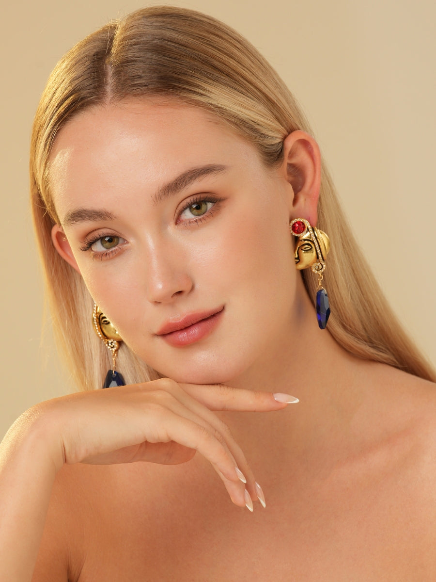 Maya Totem Avatar Gold Plated Sapphire Drop Earrings