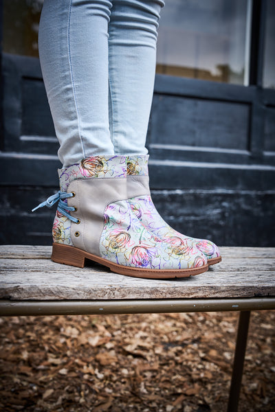 Soffia | Autumn Fields Floral Leather Ankle Booties - Grey