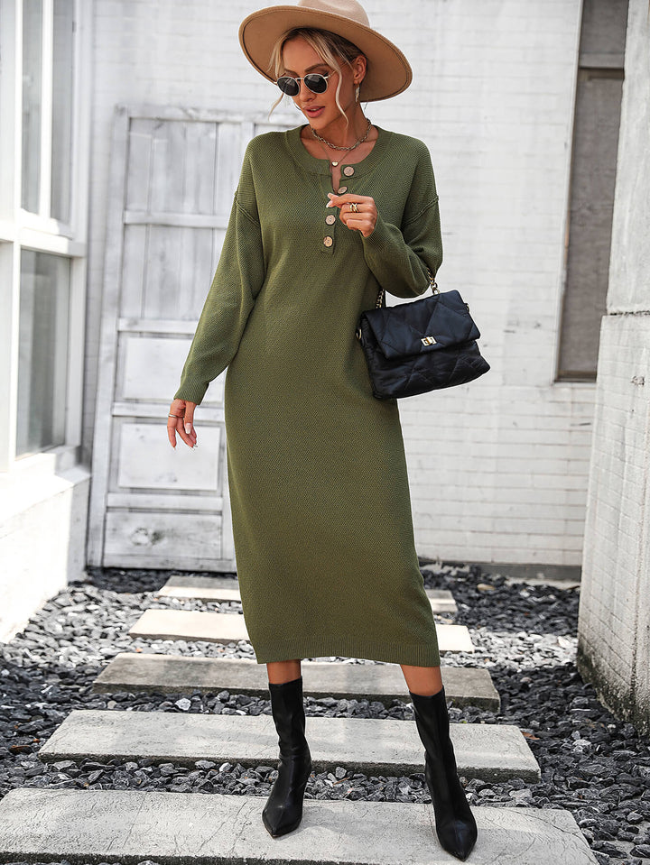 olive green sweater dress Massey Knit Midi 36.7” hips grønn bytimo kjole Women's Short Sleeve Smocked Size:54/25