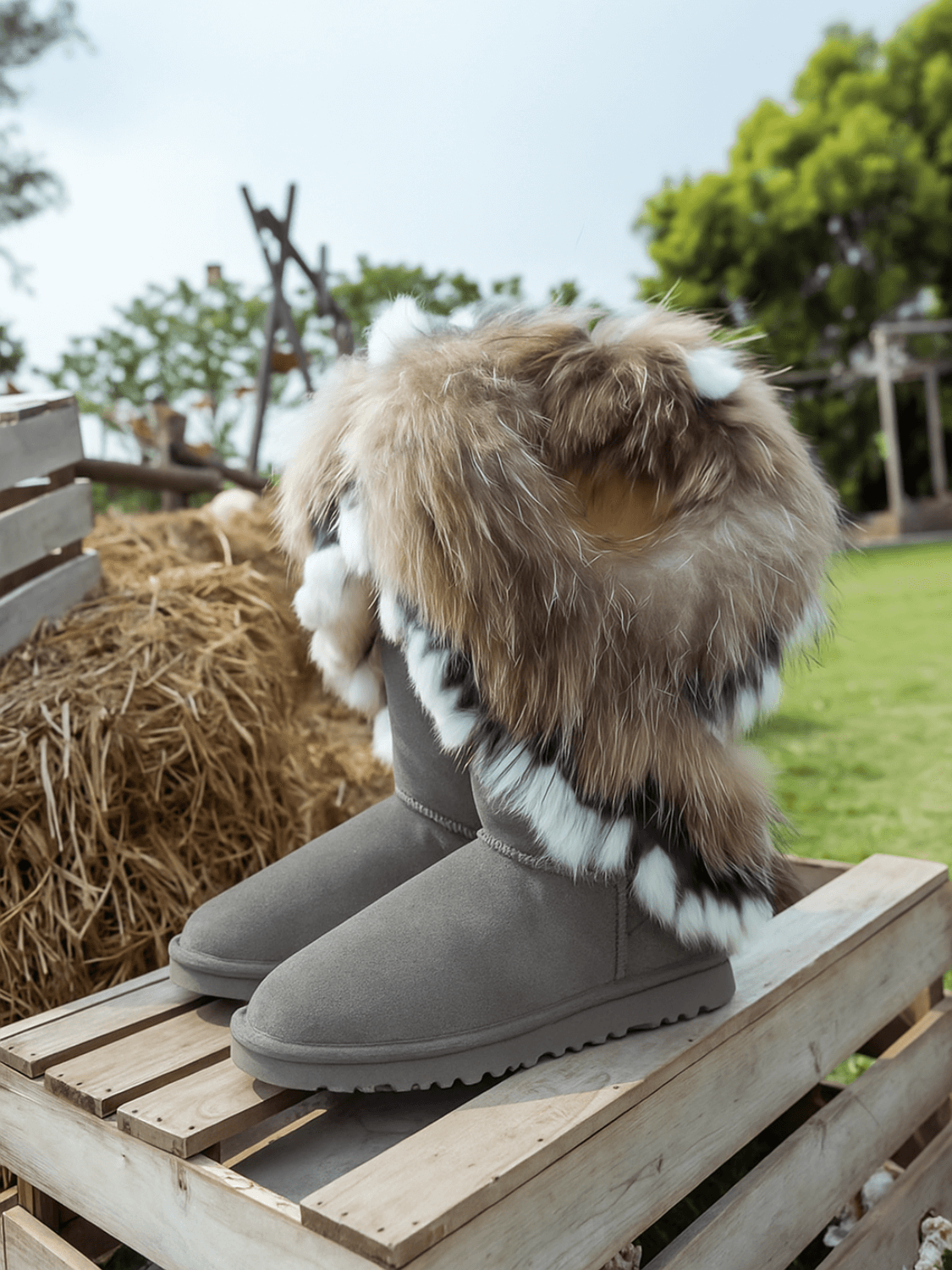 SMAIBULUN Ugg | Faux Fur Wool Lined Grazing Calf Boots - grey