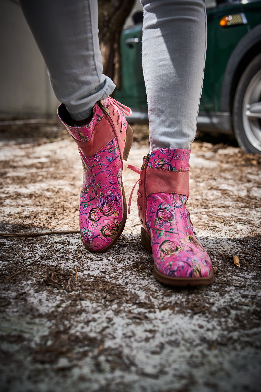 Soffia | Autumn Fields Floral Leather Ankle Booties - Pink