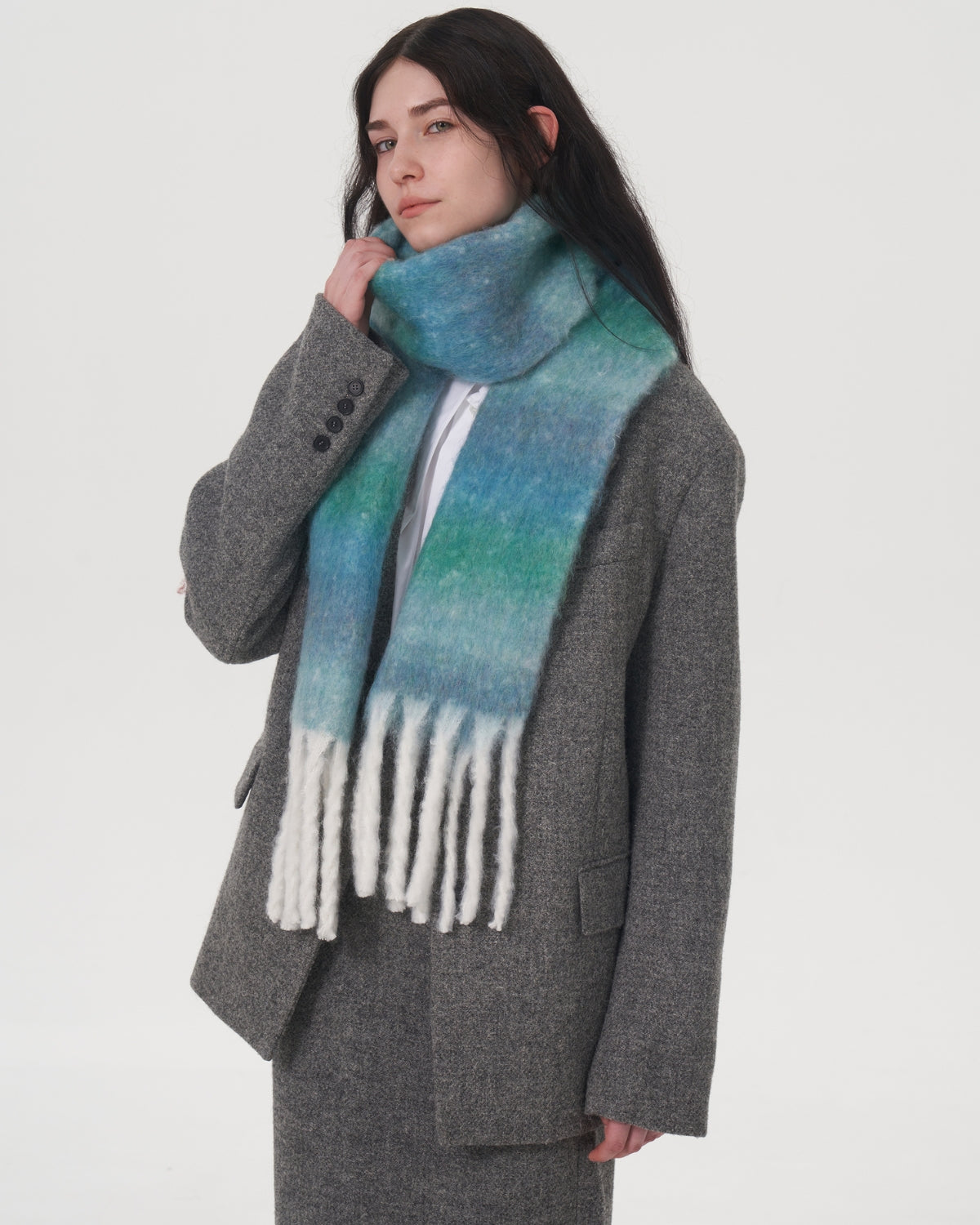 Mohair Gradient Wool Blend Tassel Blanket Scarf - Teal