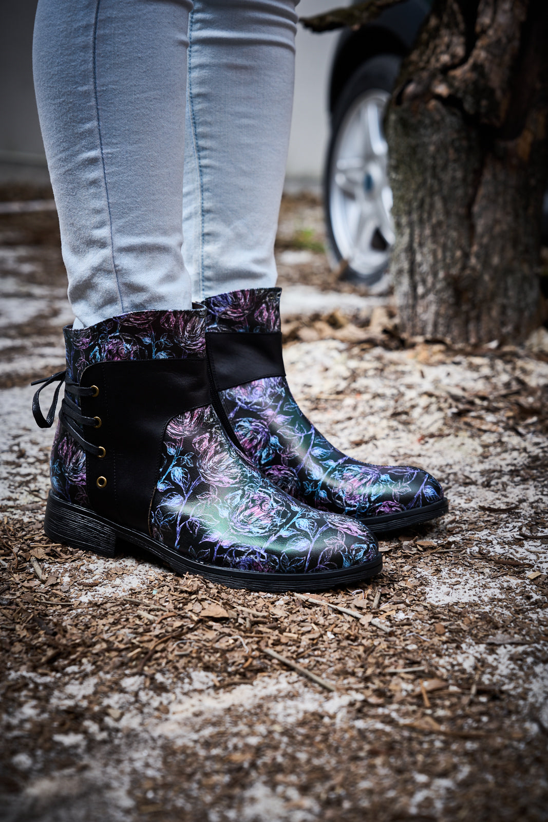 Soffia | Autumn Fields Floral Leather Ankle Booties - Black