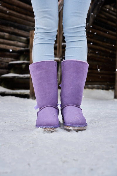 SMAIBULUN Ugg | Rhinestone Ribbon Tri-Tie Bow Suede Boots - lavender