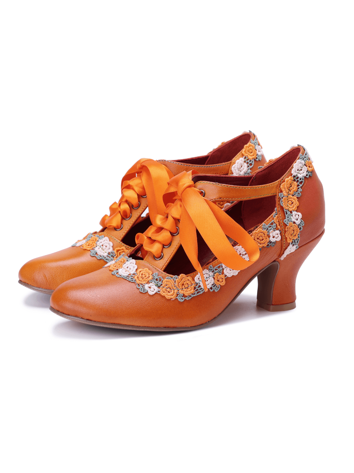 Soffia | Florenza Floral Lace Trim Leather Oxford - orange