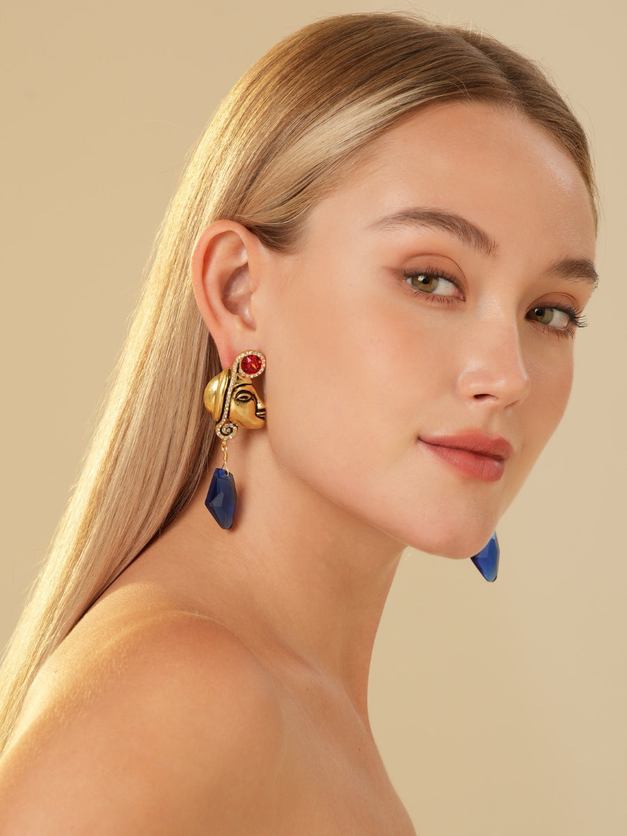 Maya Totem Avatar Gold Plated Sapphire Drop Earrings