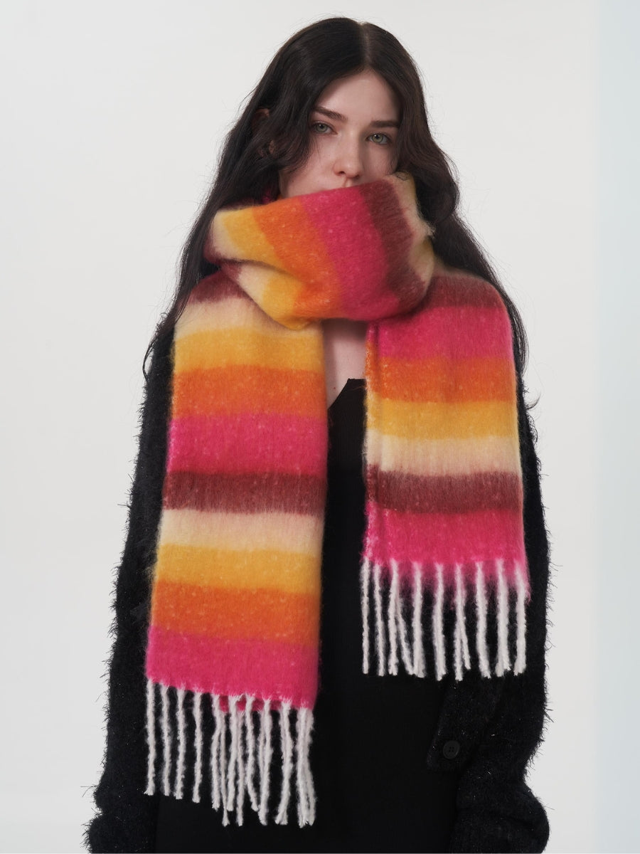 Dopamine Wool Blend Stripe Tassel Blanket Scarf - Orange