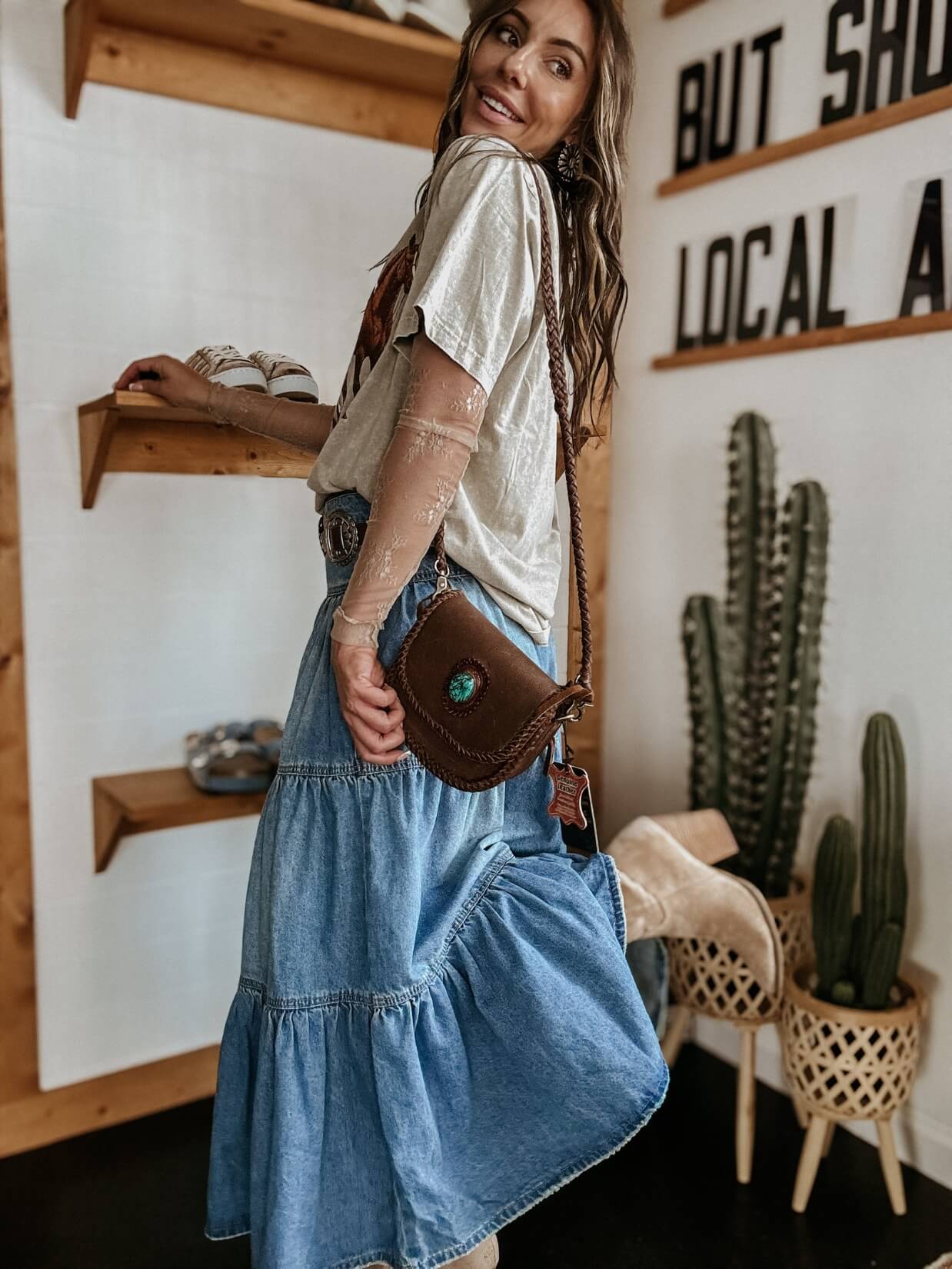 Cactus Rose Love Pleated Denim Maxi Skirt