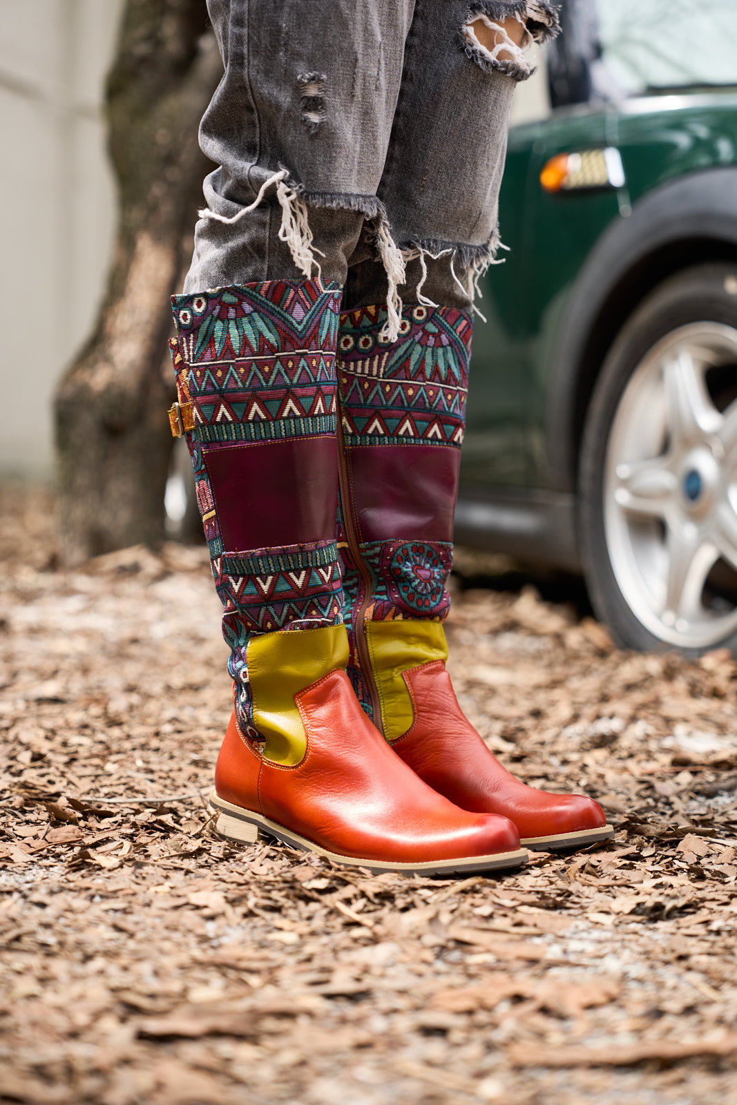 Soffia | Cozy Up Abstract Embroidered Leather Knee-High Boots