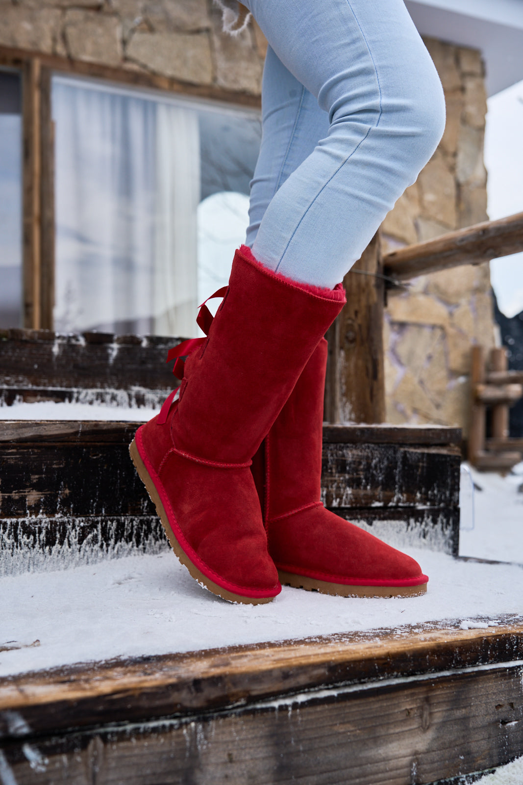 SMAIBULUN Ugg | Tri Ribbon Bow Suede Boots - Red