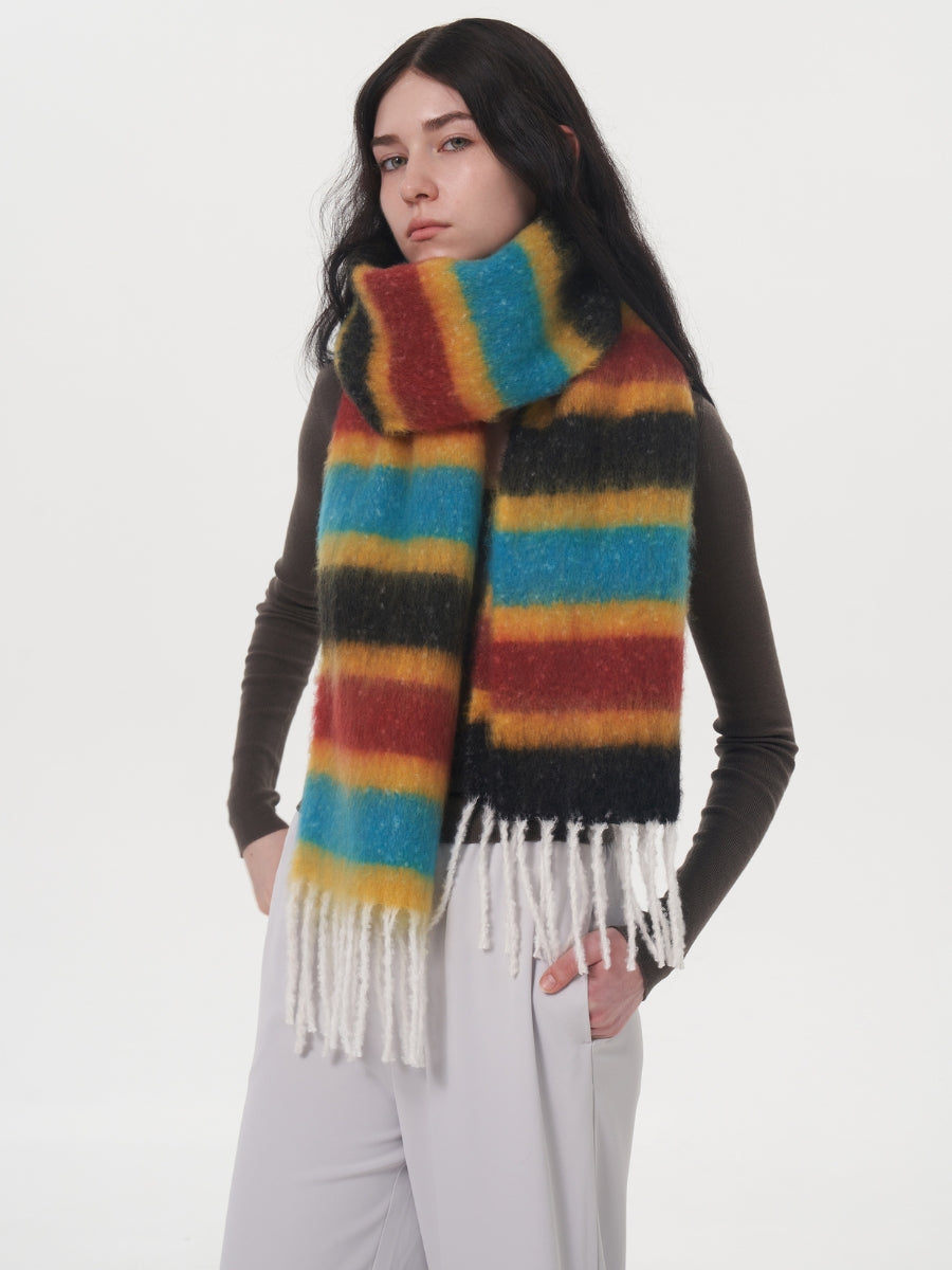 Dopamine Wool Blend Stripe Tassel Blanket Scarf - Black