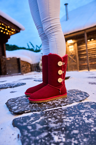 SMAIBULUN Ugg | Side Button Faux Fur-Lined Leather Suede Boots - red