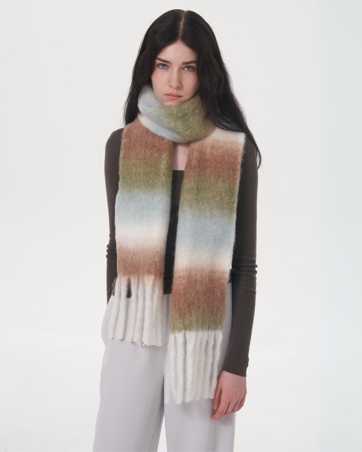 Mohair Gradient Wool Blend Tassel Blanket Scarf - Brown