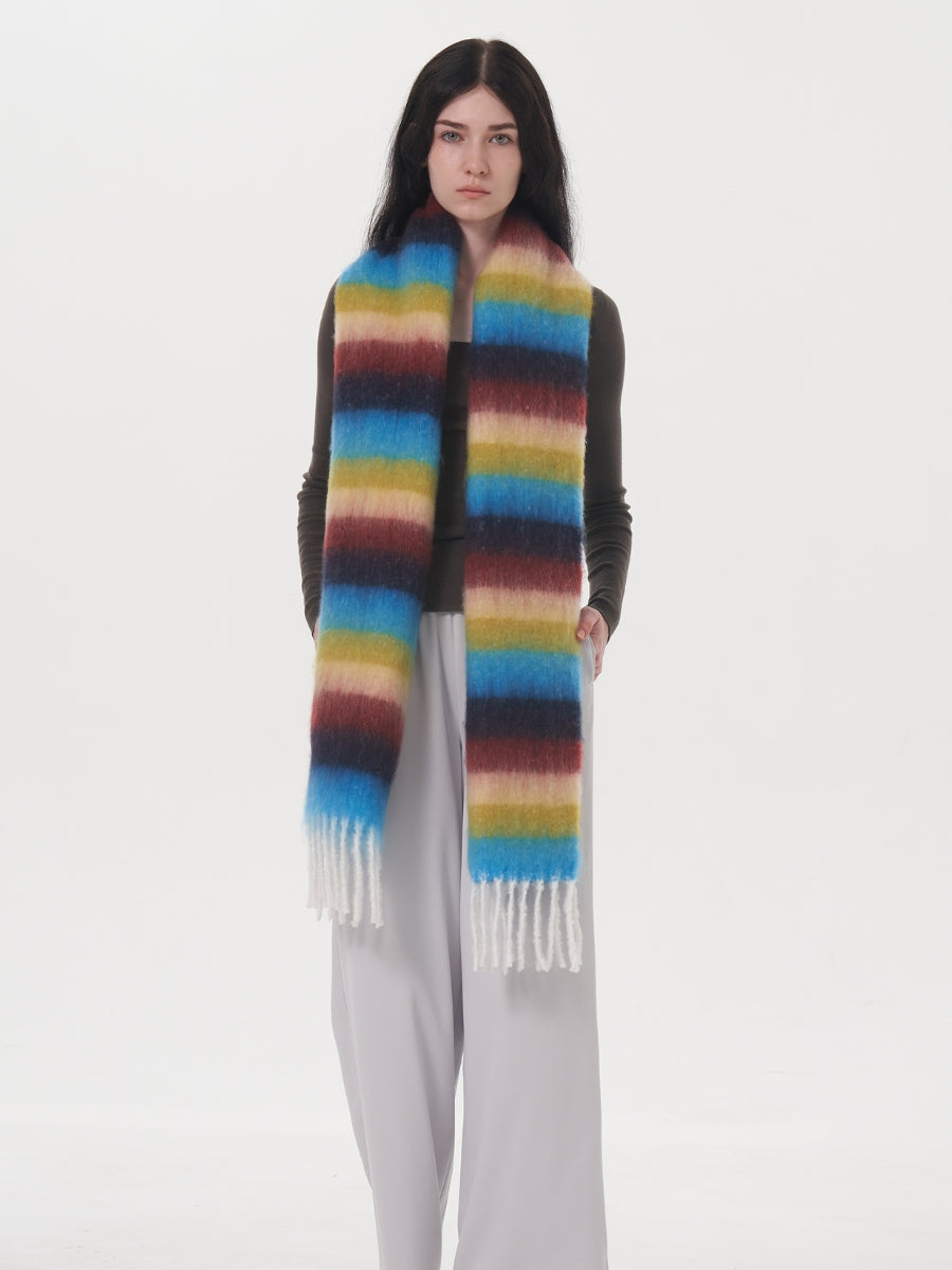 Dopamine Wool Blend Stripe Tassel Blanket Scarf - Blue