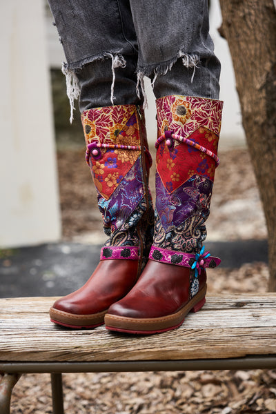 Soffia | Daylen Floral Embroidery Leather Knee-High Boots