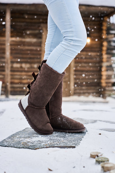 SMAIBULUN Ugg | Rhinestone Ribbon Tri-Tie Bow Suede Boots - brown