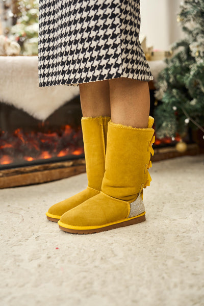 SMAIBULUN Ugg | Rhinestone Ribbon Tri-Tie Bow Suede Boots - lemon