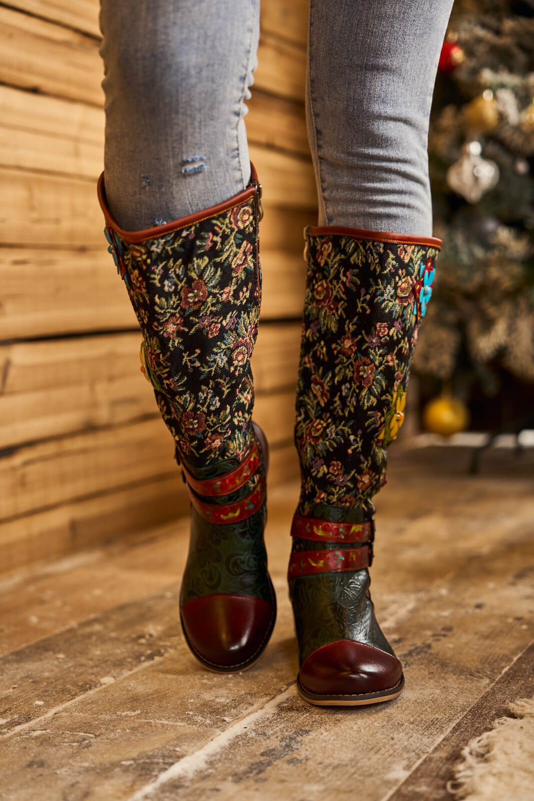 Soffia | Falling Petals Floral Knee-High Leather Boots