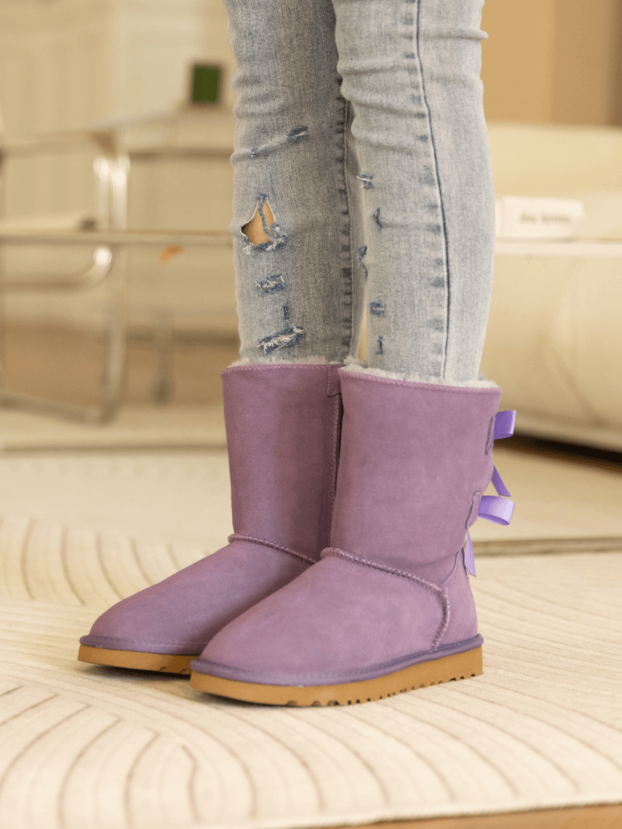 Smaibulun Ugg | Double Ballet Ribbon Bow Suede Shearling Boots - Laven ...