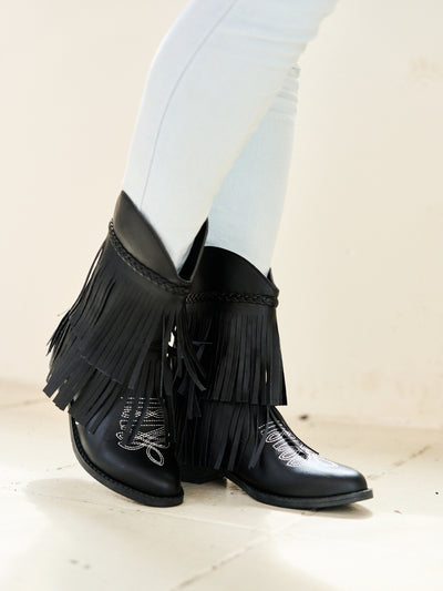 En Bloom | Jelena Fringe Western Cowboy Boots - Black