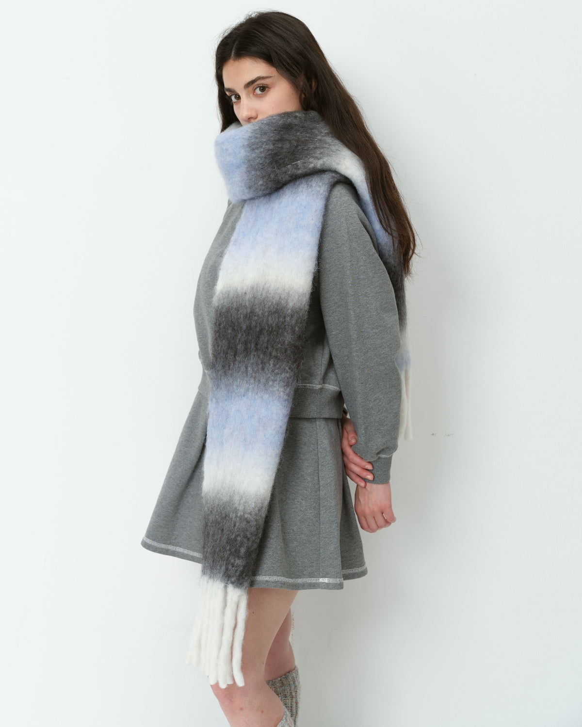 Mohair Gradient Wool Blend Tassel Blanket Scarf - Grey