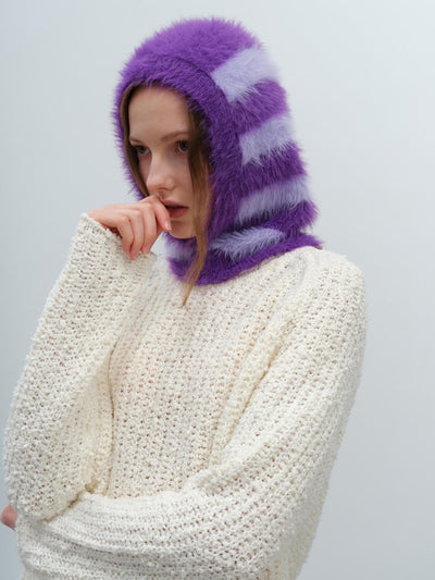 French Style Faux Mink Fur Balaclava Knit Hat - purple