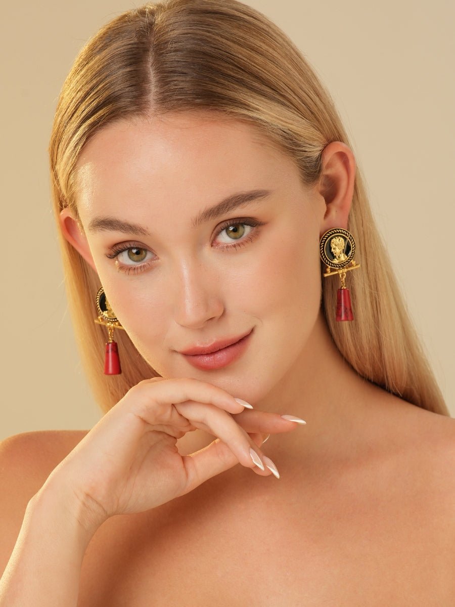 Cameo Avatar Relief Gold Plated Drop Earrings