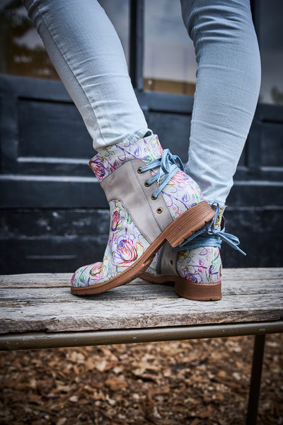 Soffia | Autumn Fields Floral Leather Ankle Booties - Grey