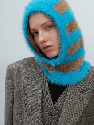 French Style Faux Mink Fur Balaclava Knit Hat - blue