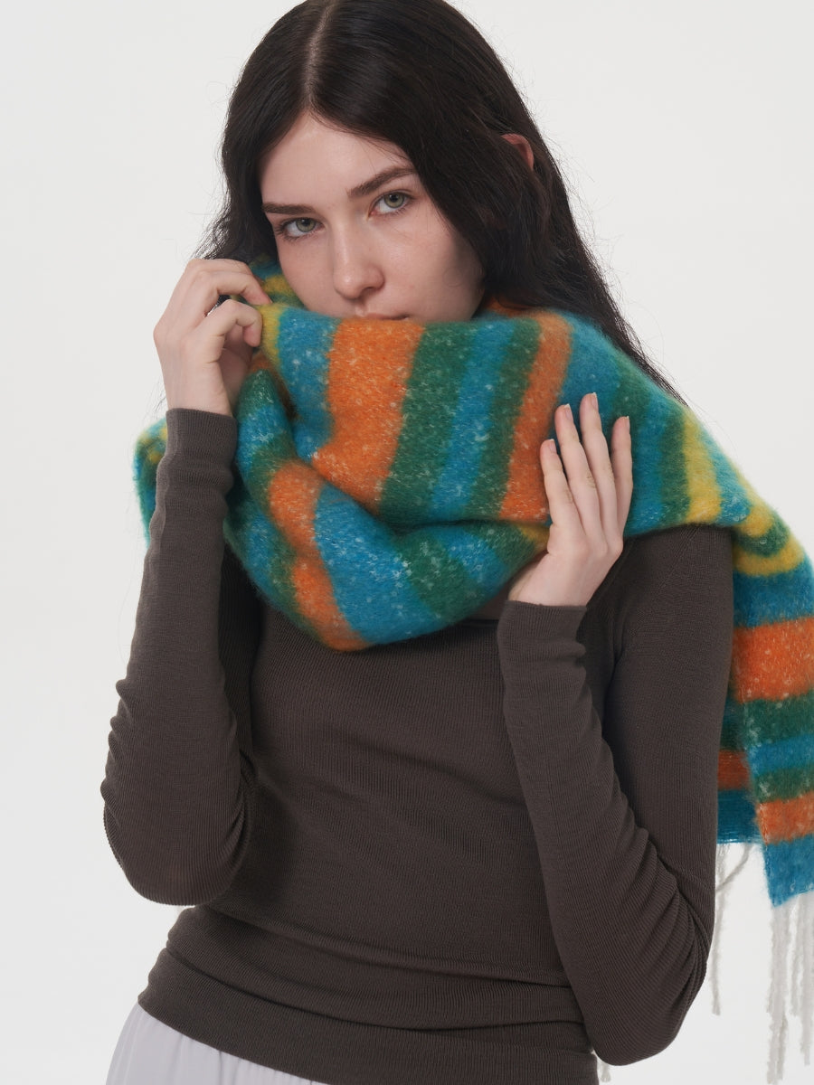 Dopamine Wool Blend Stripe Tassel Blanket Scarf - Green