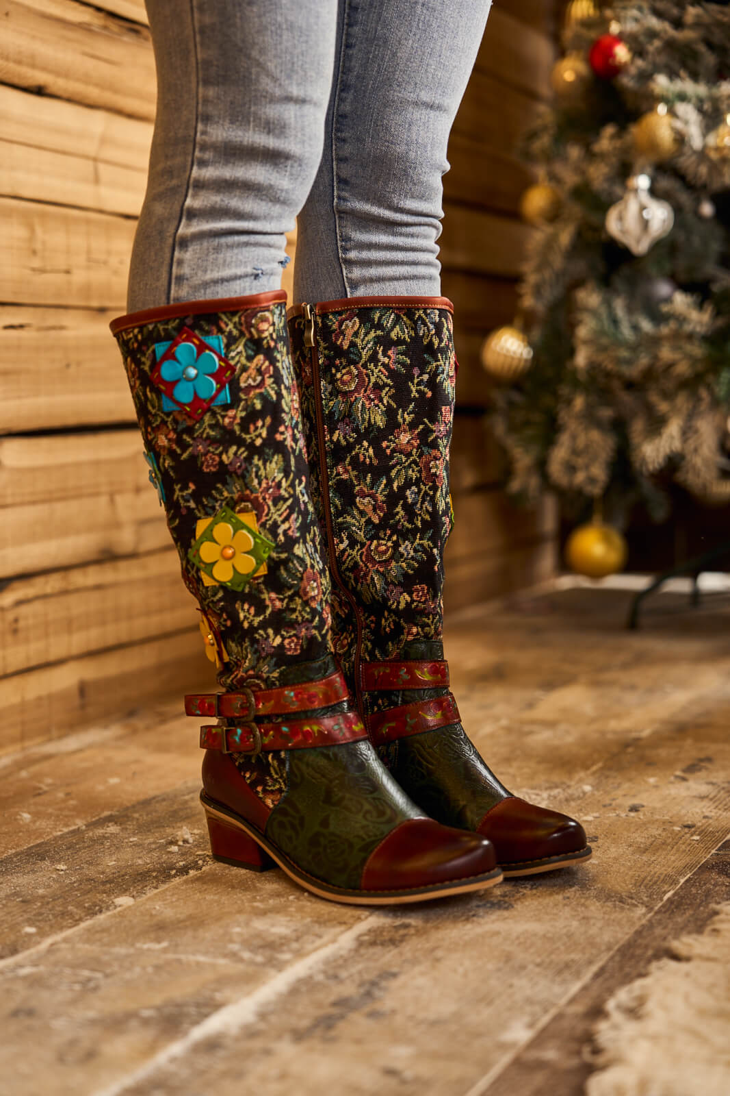 Soffia | Falling Petals Floral Knee-High Leather Boots