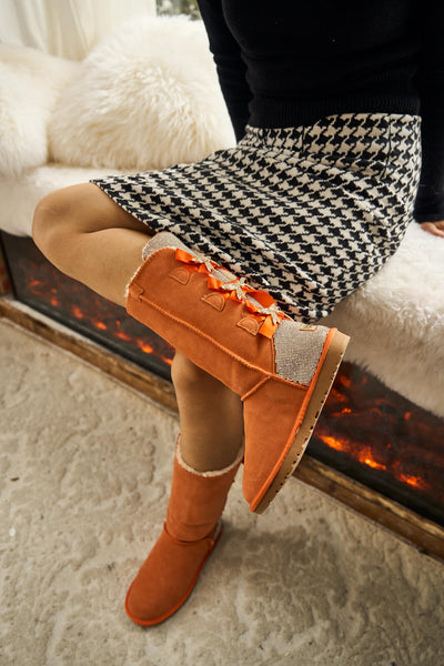 SMAIBULUN Ugg | Rhinestone Ribbon Tri-Tie Bow Suede Boots - tangerine