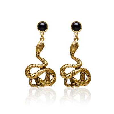 Gold Plated Obsidian Serpent Earrings