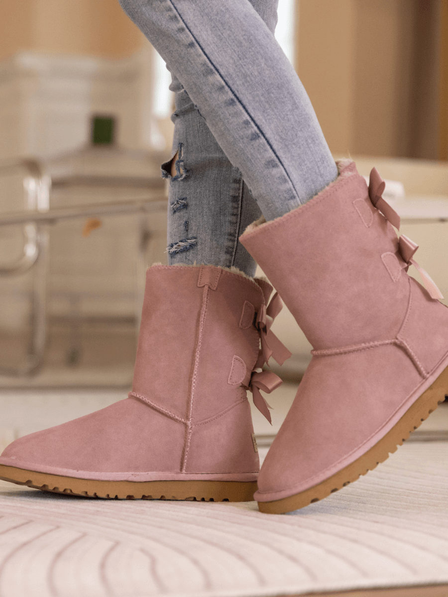 Smaibulun Ugg | Double Ballet Ribbon Bow Suede Shearling Boots - Taro ...