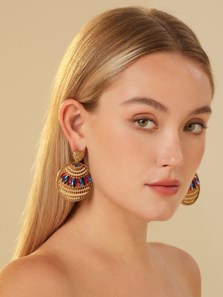 Bohemia Relief Gold Plated Rhinestone Hoop Earrings