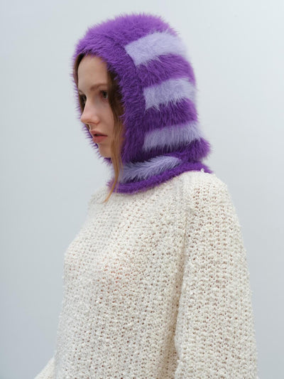 French Style Faux Mink Fur Balaclava Knit Hat - purple