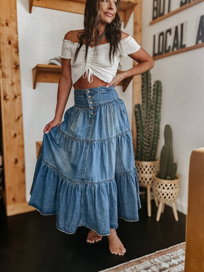 Cactus Rose Love Pleated Denim Maxi Skirt