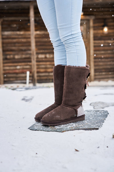 SMAIBULUN Ugg | Rhinestone Ribbon Tri-Tie Bow Suede Boots - brown