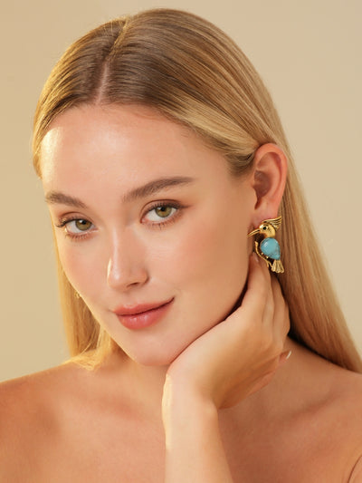 Pecker Chalchite Gold Plated Stud Earrings