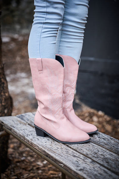 En Bloom | Vinny Wing Embroidered Western Knee Boots - Pink