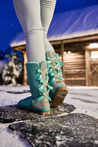 SMAIBULUN Ugg | Rhinestone Ribbon Tri-Tie Bow Suede Boots - turquoise